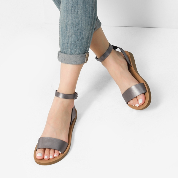Ankle Strap Flat Buckle Sandals - PEWTER PU - 1